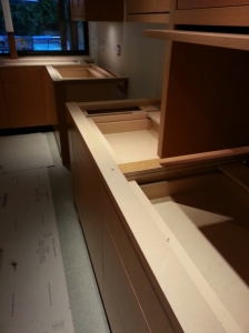 This is a top view of the base cabinets. You can see there is a filler piece on the front to give the desired look. We have to put other support blocking in place to support the counter top.